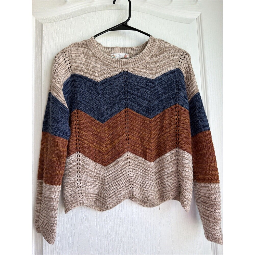 FCT With Love Women’s Striped Knit Sweater Size Medium  Beige Blue Rust